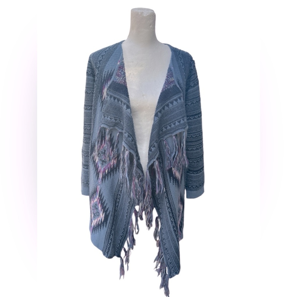 Vintage Aztec Print Fringed Open Front Cardigan Women’s Size Large Purple Blue